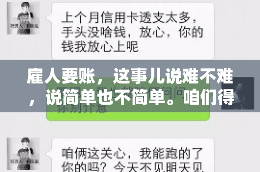 雇人要账，这事儿说难不难，说简单也不简单。咱们得先弄明白，雇人要账，其实就是找个人帮你去催收欠款。这背后涉及到法律、人情、技巧等多方面因素。今天，我就来跟大家聊聊这个话题，希望能帮到那些正在为要账头疼的朋友。